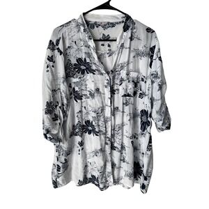 Flora Womens XXL White Navy Blue Floral Roll Tab Sleeve Button Down Blouse Top